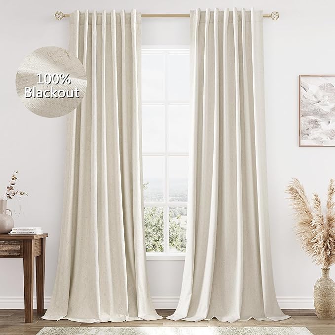 Guken 100% Blackout Curtains 84 Inch Length 2 Panels Set for Living Room Bedroom Back Tab Thermal Insulated Black Out Linen Drapes Room Darkening Window Curtains 84 Inches Long