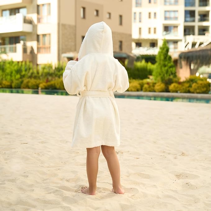 BAGNO MILANO Kids Organic Turkish Cotton Hooded Beach Cover-Up Towel, GOTS Certified, for Boys and Girls (Cream, 9-11 Years)