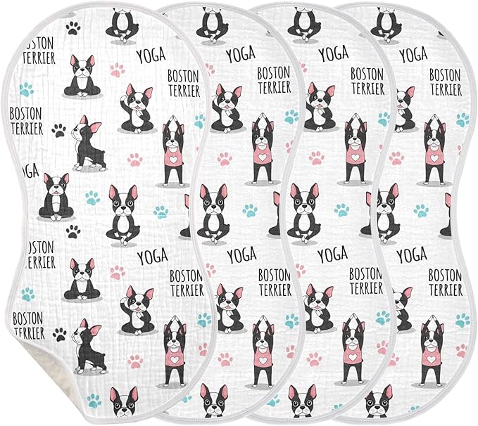 Qinllo 4 Pack Muslin Burp Cloths Dogs Yoga White Cotton Baby Burp Cloths Absorbent Soft Burping Cloth Washcloths for Newborn Baby Boys Girls 22x11 Inch