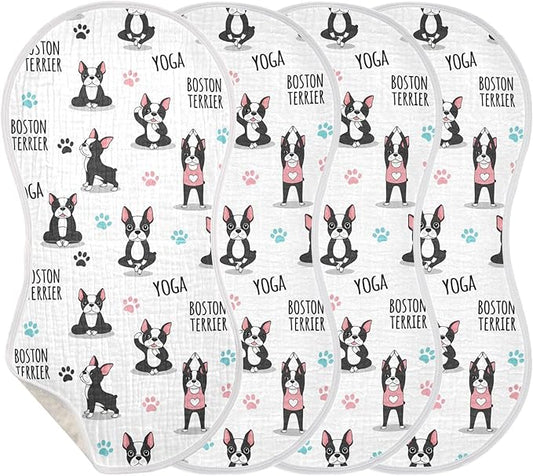 Qinllo 4 Pack Muslin Burp Cloths Dogs Yoga White Cotton Baby Burp Cloths Absorbent Soft Burping Cloth Washcloths for Newborn Baby Boys Girls 22x11 Inch