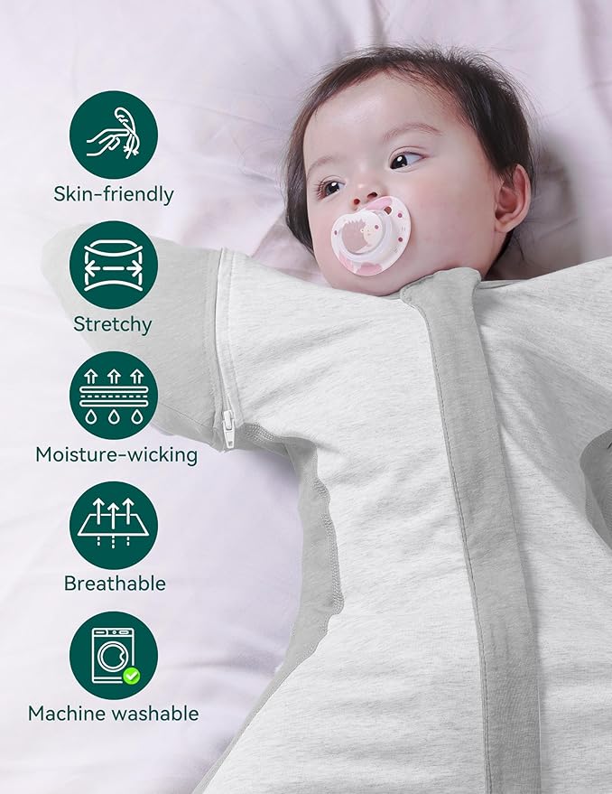 BABELIO Baby Swaddle Temp-Sensing Detachable Zip Sleeves Transitional Arms Up Swaddles 0-3 Months Soft Newborn Sleep Sack Light Gray