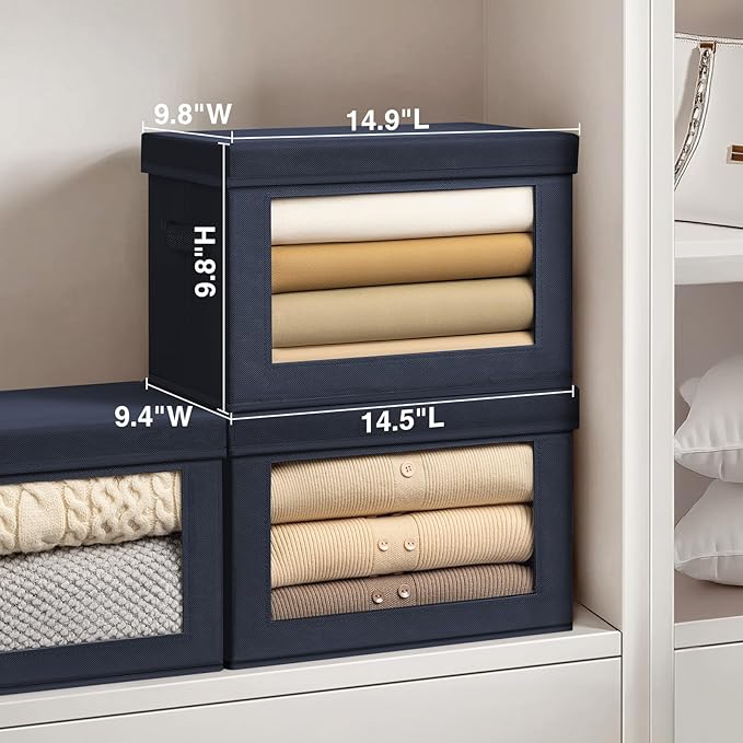 Stackable Storage Bins with Lids - Medium Storage Box with Lids, Foldable Closet Boxes for Organizing, Wardrobe Clothes Organizer with Window, Cubes Bins for Living Room, 5 Pack, Navy Blue