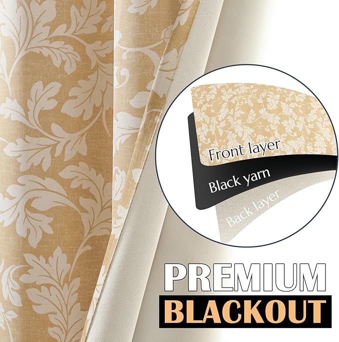 jinchan 75% Blackout Curtains for Bedroom, Brown Scroll Leaf Patterned Curtains 63 inch Length for Living Room, Farmhouse Vintage Drapes, Thermal Insulated Window Treatments, Grommet 2 Panels Brown