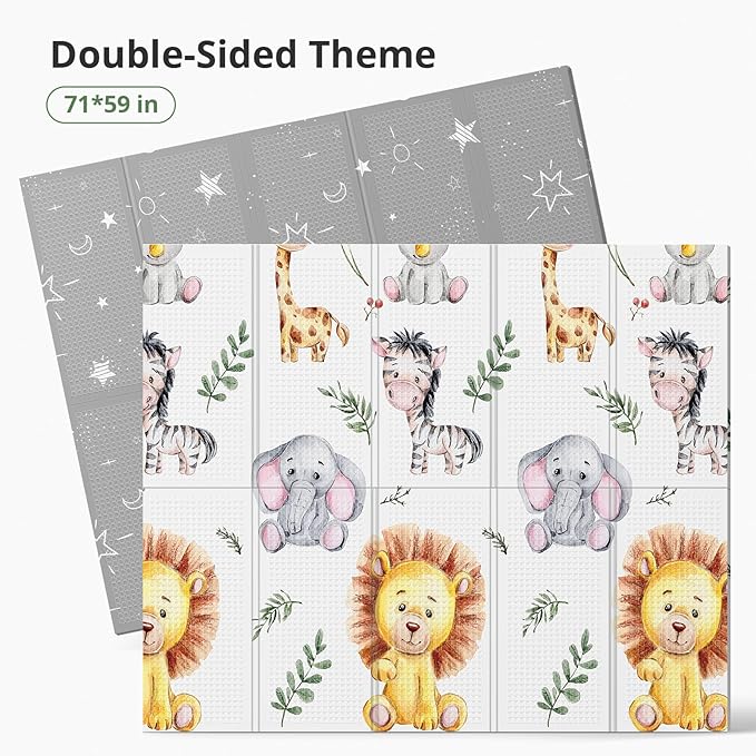 71x59 Foldable Baby Play Mat for Floor, Foam Playmat for Babies 0-12 Months, Kids Non Toxic Thick Play Mat , Waterproof & Anti-slip Crawling Toddlers Mats, Babies Activity Tummy Time Playmat, Lion,71x59