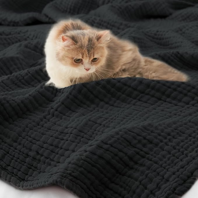 Carriediosa 100% Cotton Muslin Throw Blanket 50" X 70" Twin XL Size，4-Layers Summer Gauze Throws for Bed Couch，Soft Lightweight Breathable Linen Blankets Bedspread for Adults All Season，Black