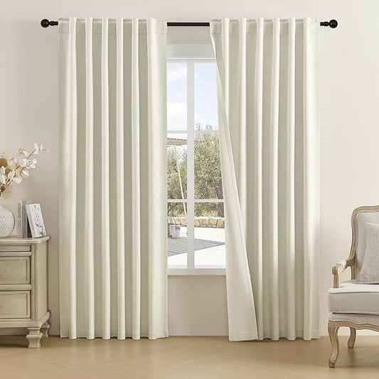 DUALIFE 90 Inch Long Beige Blackout Linen Curtains 2 Panels for Living Room,Pinch Pleated Rod Pocket/Back Tab/Hook Belt Thermal Insulated Drapes for Bedroom,Cream Ivory Beige,50x90 Inch