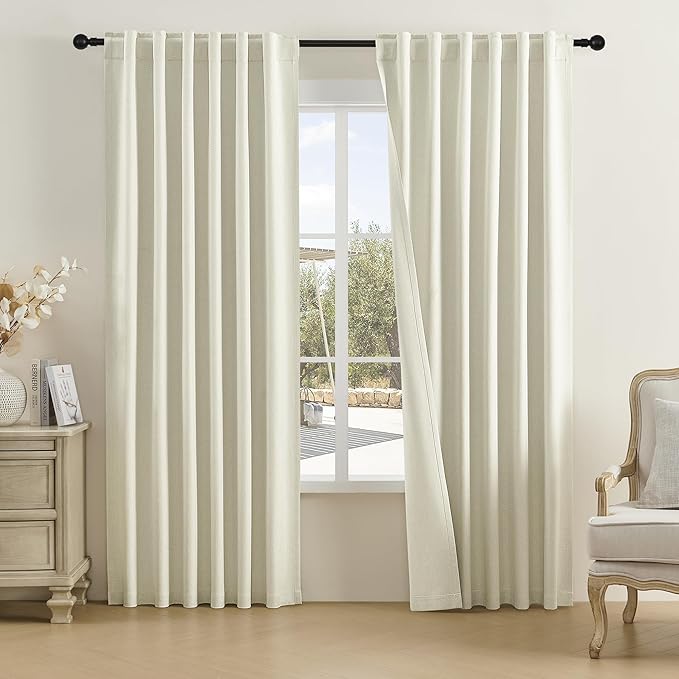 DUALIFE Beige Linen Blackout Curtains Back Tab and Rod Pocket Thermal Insulated Light Blocking Drapes for Bedroom 2 Panels Set 50X80 Inches