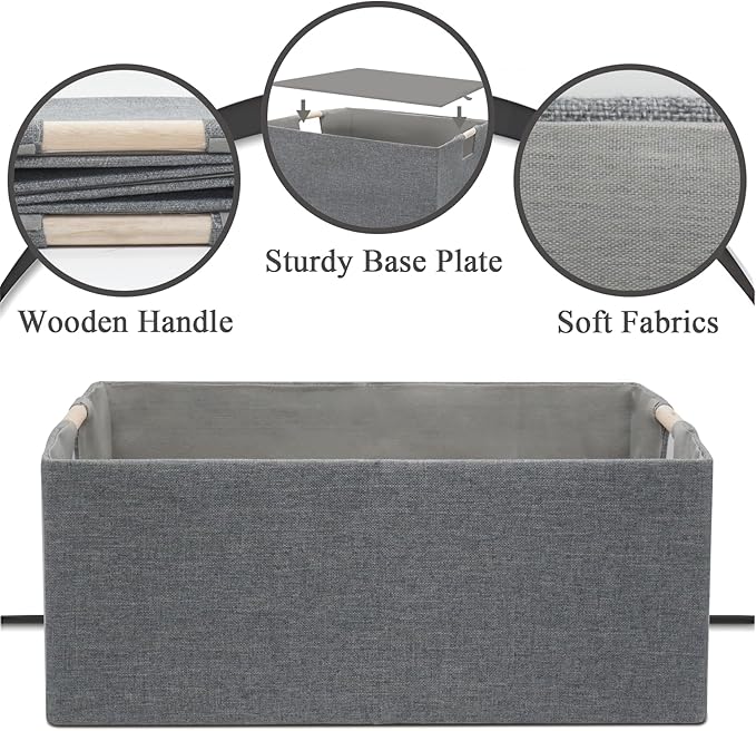 Foldable Fabric Storage Cubes, 2 Packs Cloth Storage Baskets with Wooden Handles, Collapsible Shelf Closet Organizer Bins, Rectangular Storage Boxes for Decor (Gray)