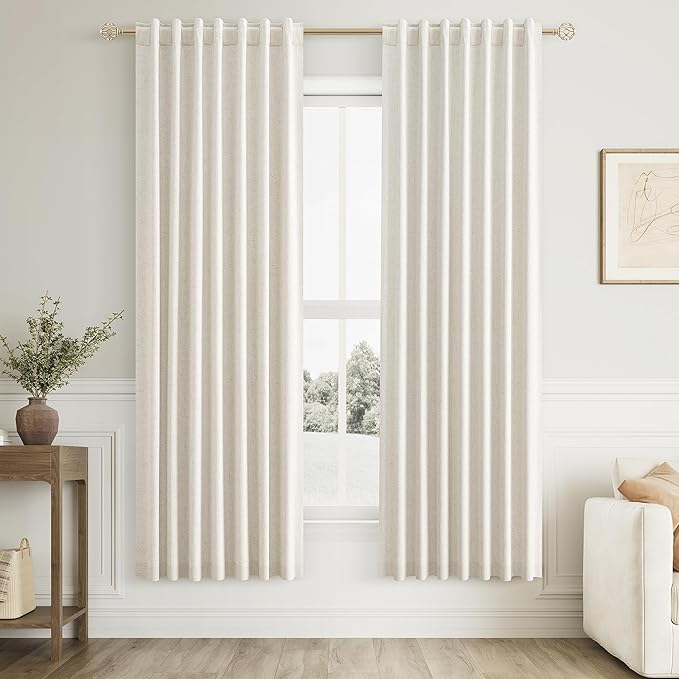 Guken 100% Blackout Cream Linen Curtains 52 Inch Wide by 76 Inch 2 Panels Set for Living Room Bedroom Back Tab Thermal Insulated Black Out Linen Drapes Room Darkening Window Curtains