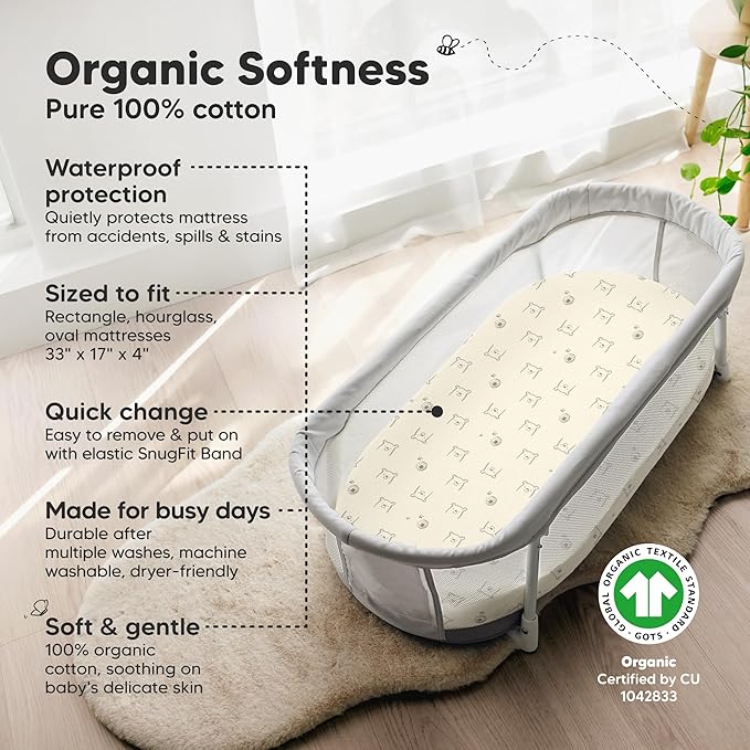 2-pk Waterproof Bassinet Sheets Girls, Boys, Cotton - 33x17 Universal Bassinet Mattress Pad Protector Cover,Compatible with Graco,Baby Delight,Chicco,Halo Bassinest Swivel Sleeper Fitted (Bumble Bear)