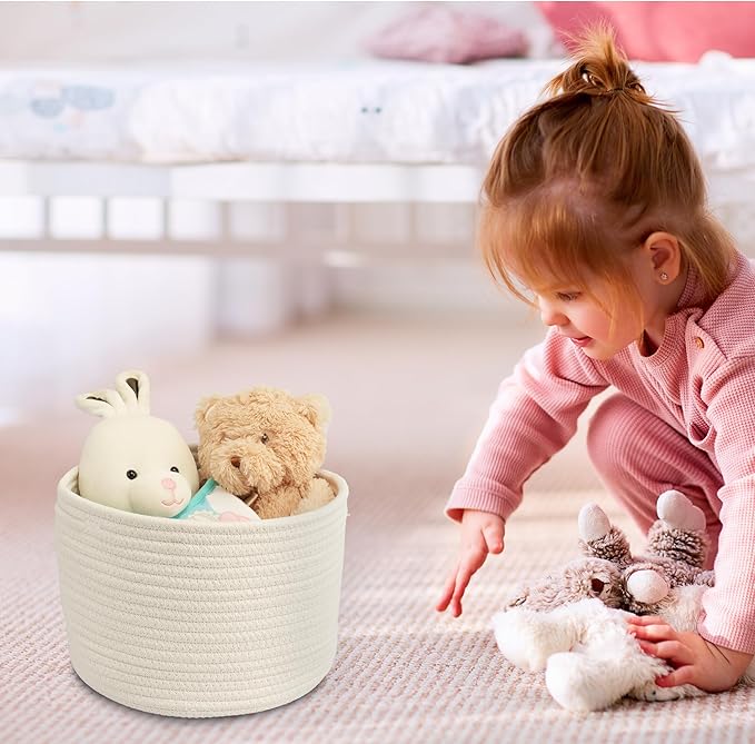 Woven Cotton Storage Baskets - 3-Pack Round Bins (10x10x7'') for Shelves, Closets & Bookcases | Durable Rope Organizers for Nursery, Baby, Toys, Easter & More (white)