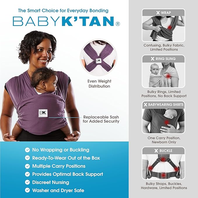 Original Baby K'tan Baby Carrier: #1 Easy Pre-Wrapped, Soft, Slip-On, No Rings, No Buckles | 5 in 1 Baby Sling for Hands-Free Comfort | Eggplant | Small