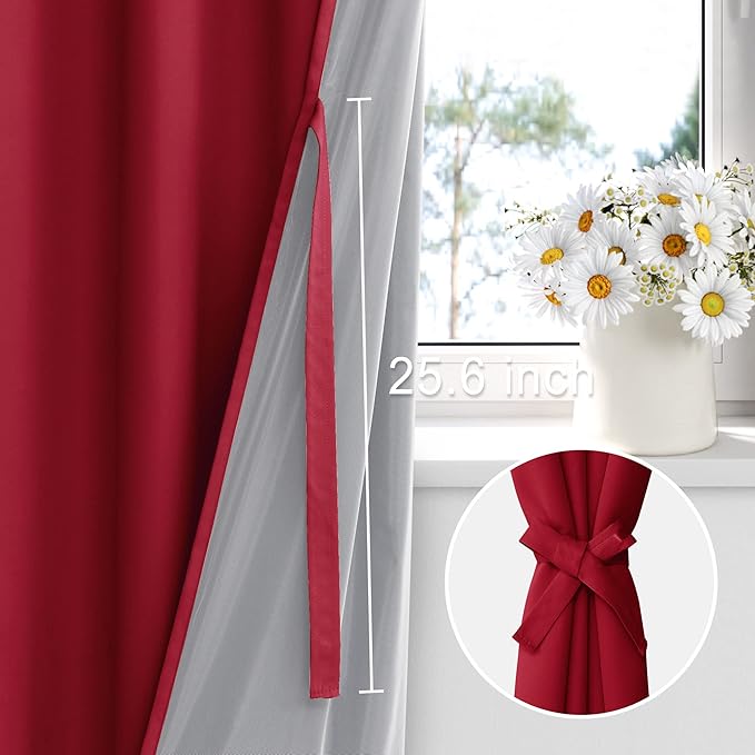 XWZO 100% Blackout Curtains - Extra Long Thermal Insulated Black Liner Curtains, Noise Reducing and Heat Blocking Drapes for Bedroom with Tiebacks, Christmas Red, W52 x L108, Set of 2