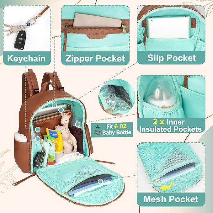 MOMINSIDE Small Diaper Bag Backpack, Mini Diaper Bag with 11 Pockets, Leather diaper backpack, Baby Diaper Bag for Baby Girls, 2 Insulated Pockets, Stroller Straps (Brown)