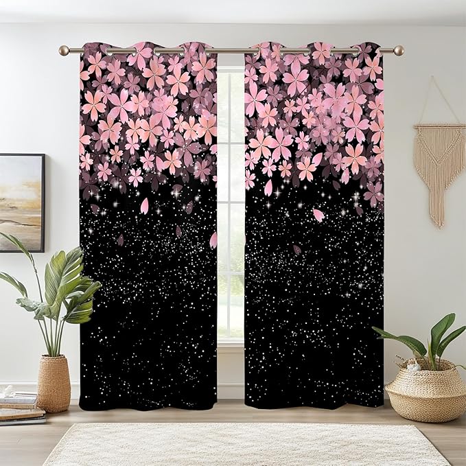 Renaiss Pink Cherry Patels Blackout Curtains, Japanese Cherry Flowers Thermal Insulated Bedroom Window Curtains, Black Floral Bossom Window Drapes for Living Room, 96" L x 53" W 2 Panel Set