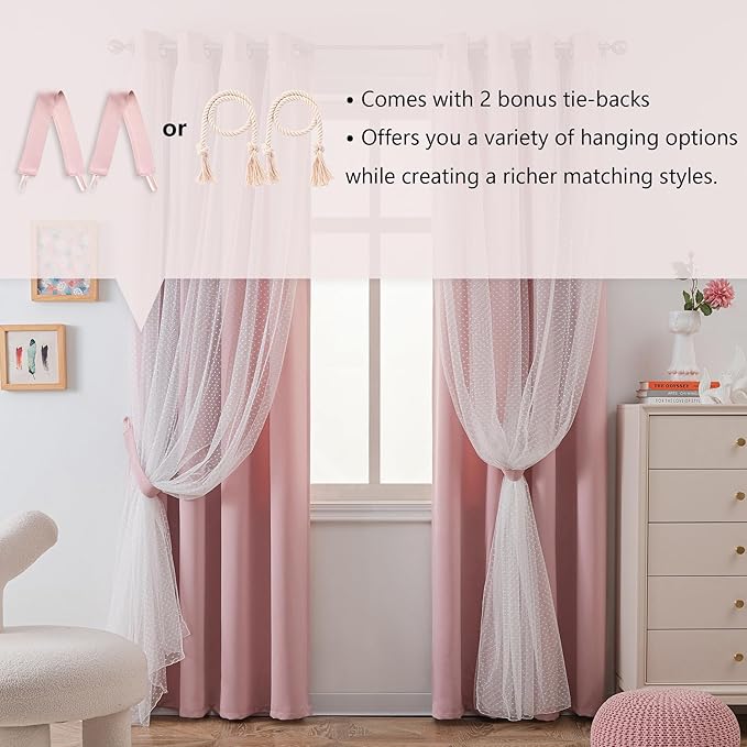 MYSKY HOME Pink Curtains for Girls Bedroom & Nursery Kids Blackout Blush Princess Curtains 72 inch Long Double Layer with Polka Dots Sheer, Grommet Tops, 52" Wide, 2 Panels