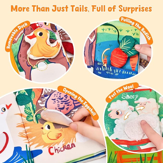 JoyCat Baby Books 0-6-12 Months - Farm Tail Tummy Time Toys - Sensory Touch & Feel Crinkle Cloth Book with Detachable Duck - Newborn Valentine Easter Basket Stuffers