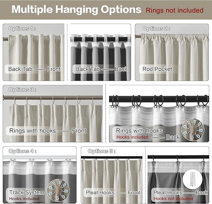 RAIN CITY Natural Birch Linen Blend Blackout Curtains 108 Inch Long 2 Panels Set, Back Tab Track Curtain for Living Room Floor to Ceiling Length 9 FT Extra Long Light Blocking Pleated Window Drapes