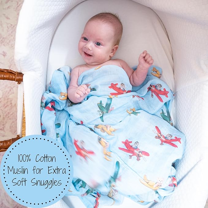 LollyBanks Muslin Swaddle Blankets, 100% Cotton Breathable Baby Blanket for Boys and Girls, Soft and Lightweight 47 x 47 Inches Newborn Swaddle Wrap, Baby Essentials Must Haves (Plane and Bear Print)