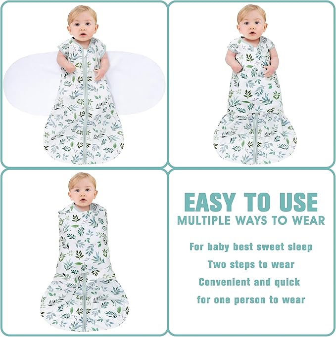 BSTOPPT Newborn Sleep Sack Baby Swaddle,Swaddle me 0-3 Month,3-Way Adjustable Wearable Blanket,100% Rayon Cotton Swaddling Sleeping Bag，TOG 0.5 (Leaf, 0-3 Months)