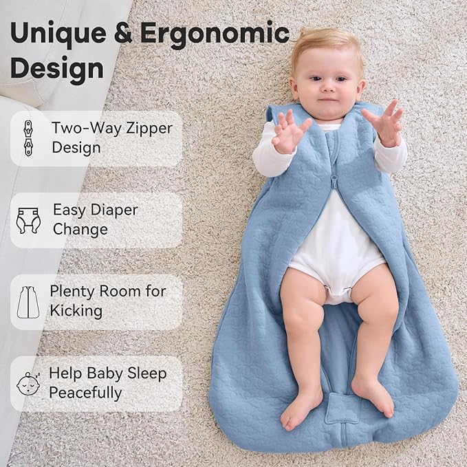 Unnivoll Baby Sleep Sack 0-6 Months TOG 2.5 Winter Baby Wearable Blanket, 100% Cotton Fabric Newborn Infant Sleeping Sack 2-Way Zipper Quilted Baby Sleep Bag, Warm Soft Blue