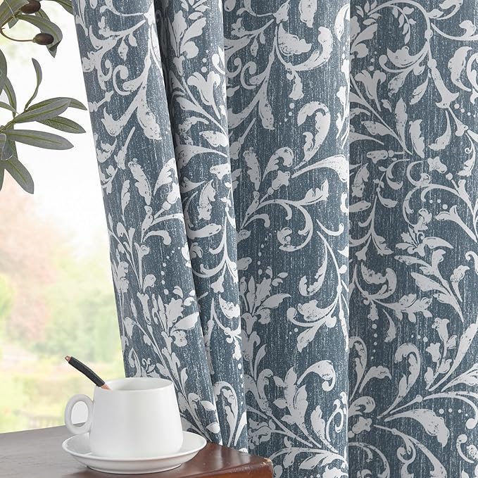 jinchan Blackout Curtains for Bedroom, Blue Scroll Floral Patterned Curtains 108 Inch Length for Living Room, Farmhouse Vintage Art Deco Drapes, Thermal Insulated Window Curtains Grommet 2 Panels