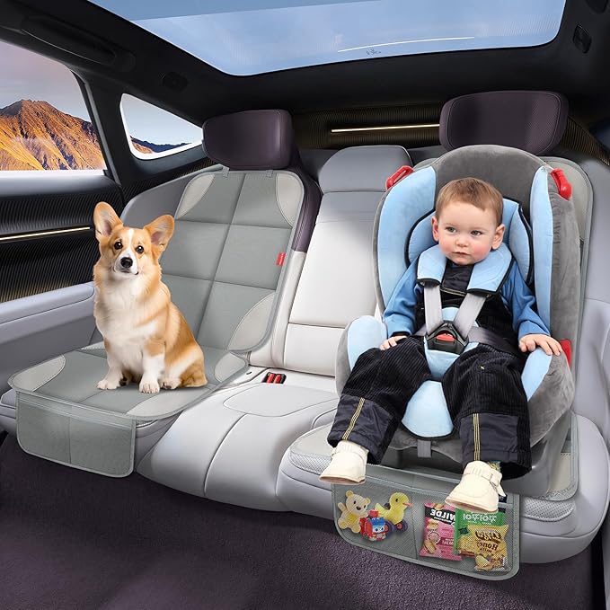 Car Seat Protector for Child Car Seat, Waterproof Durable 600D Fabric Car Seat Cover with Padding, Non-Slip Backing Mesh Pockets for Baby and Pet