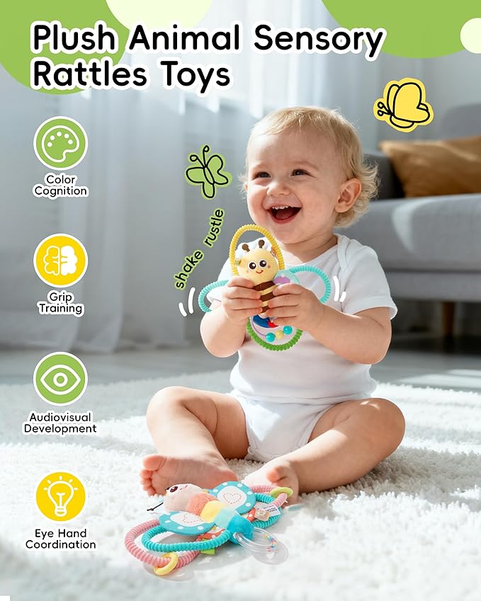 Jollybaby Soft Baby Rattles & Plush Rings Toy for Newborn 0-3-6-12 Months, Sensory Developmental Hand Teether Toys for Infant 0-2-4-7-8-9 Months, Baby Shower & Birthday Gifts - Butterfly