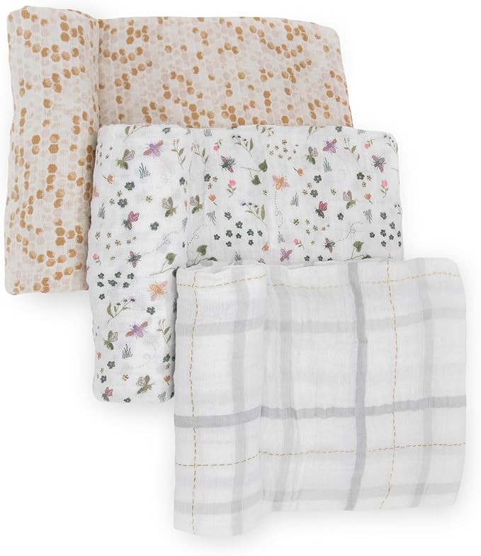 Little Unicorn Muslin Swaddle Blanket for Newborns & Infants | Soft & Breathable Fabric | Set of 3 Baby Blankets for Swaddling, Nursing, Shower Gifts (Garden Bees)