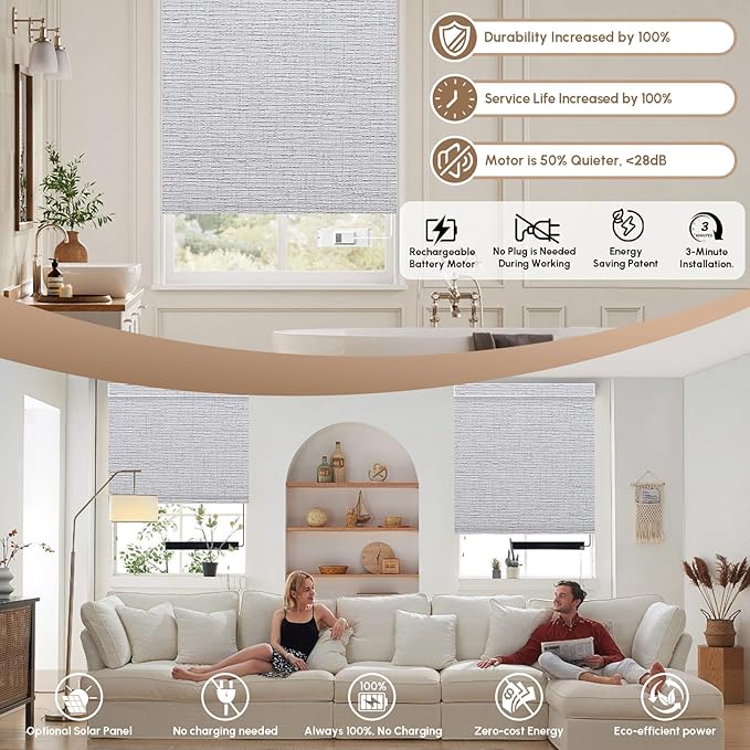 Kincmo No Drill Motorized Blinds with Remote, 100% Blackout Roller Shades for Windows, Custom Electric Blinds Compatible with Alexa, Apple Homekit, Google Home (100% Blackout Classic Smoke)
