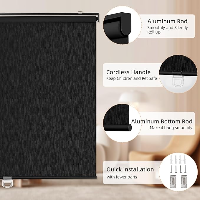 ChrisDowa Blackout Roller Shades for Windows, Striped Pattern Cordless Pull Down Door Blinds with Privacy, Thermal Insulated Window Shades for Living Room, Home and Office. Black, 71" W x 72" H