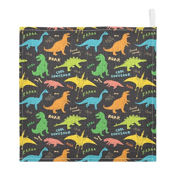 vvfelixl Baby Washcloths Cotton Colored Dino Dinosaurs Baby Muslin Washcloths Soft Baby Face Towel for Newborn Infants, 11.8 X 11.8 Inch, 5 Pack Black