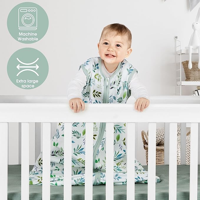 BSTOPPT 3 Pack Baby Sleep Sack 6-12 Months 100% Rayon Cotton Baby Sleeping Bag 2-Way Zipper Toddler Wearable Blankets Comfy Stretchy TOG 0.3 Lightweight（Banana&leaf&green）
