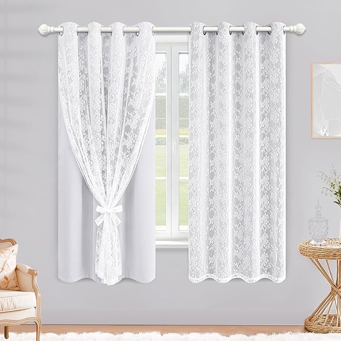 Yinhua Blackout Curtains for Bedroom Double Layer Grey Curtains for Living Room 84 Inch Length 2 Panels Set Kid Curtain with Floral Sheer Overlay, Grommet Drapes with Tiebacks, 52" W x 63" L