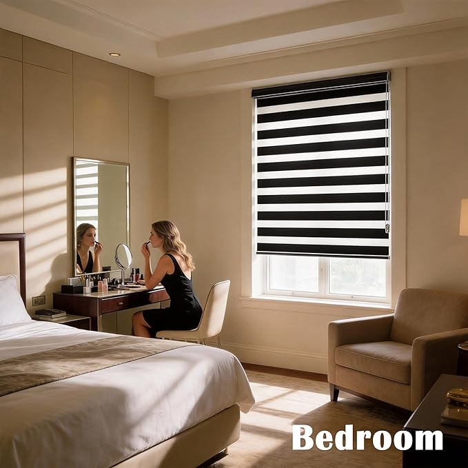 Blackout Zebra Blinds, Dual Layer Free-Stop, Room Darkening Zebra Shades, Blinds for Indoor Windows, Light Filtering Privacy Sheer Shade for Home(52" W X 72" H, Black)