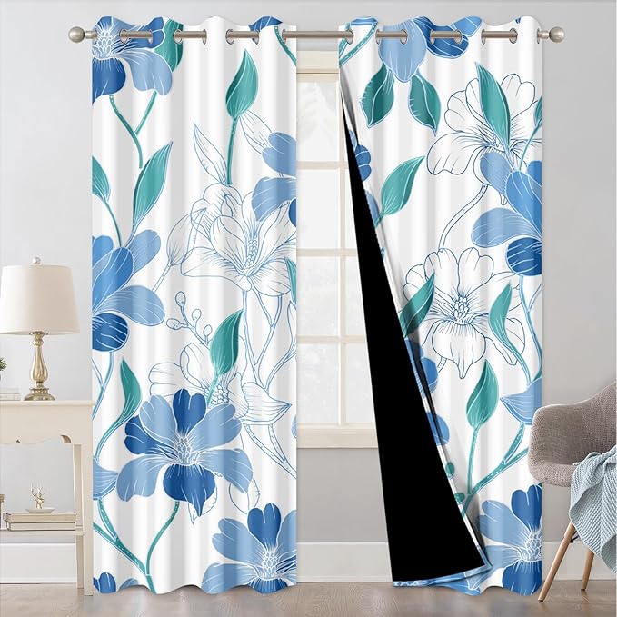 Blackout Curtains 84 inch Length 2 Panels Set, Blue Floral Printed Grommet Thermal Privacy Black Out Curtains for Bedroom with Black Liner, Light Filtering Window Curtains for Living Room and Nursery
