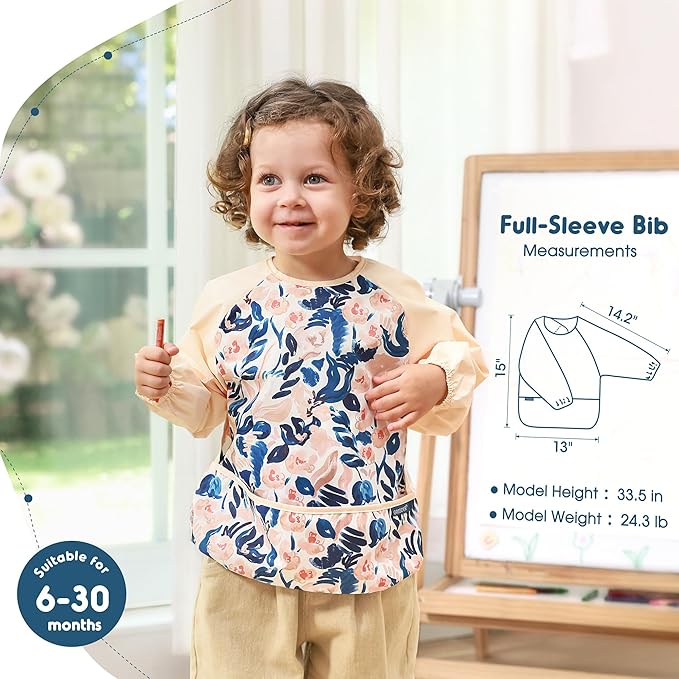 GRSSDER 2 Pack Long Sleeve Baby Feeding Bibs, Super Soft Lightweight Waterproof Coverall Baby Led Weaning Bib with Large Food Catcher Pocket, Adjustable and Easy Clean for 6-30 Months