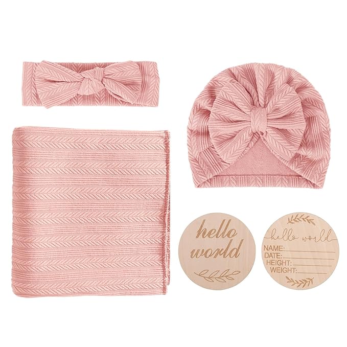 DRESHOW BQUBO Baby Swaddle Blankets for Girls, 4PCS Newborn Accessories Set with Matching Hat and Bow Headband with Card