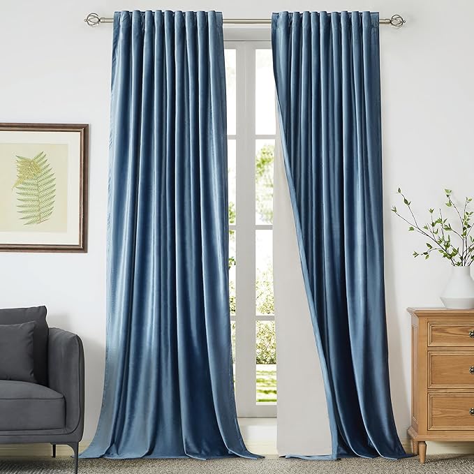 PRIMROSE 100% Full Blackout Velvet Curtains 120 inch Long for Living Room,Set of 2 Stone Grayish Blue Liner Rod Pocket Back Tab Thermal Window Curtains Room Darkening Curtains Drapes for Bedroom