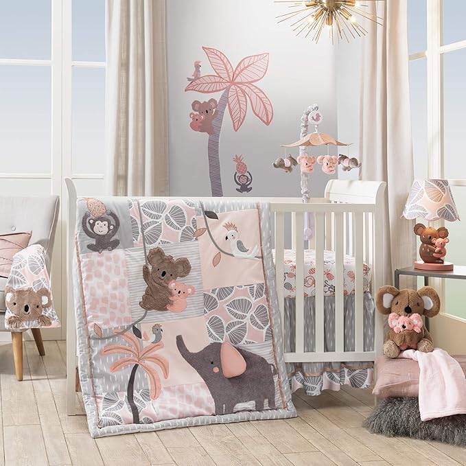 Lambs & Ivy Calypso Cotton Fitted Crib Sheet - Pink, Gray, White, Animals
