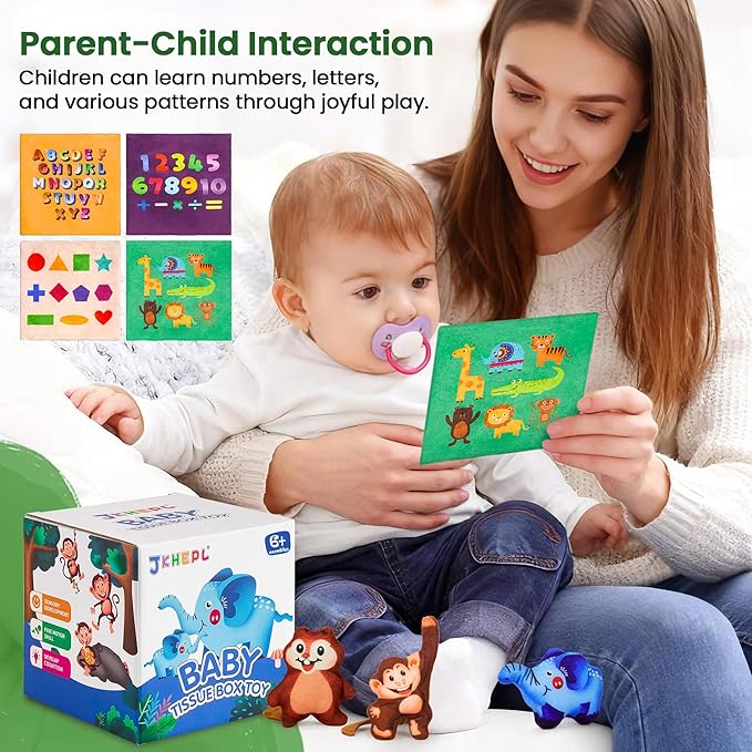 Baby Toys 6-12 Months - Baby Tissue Box Toy for 6 9 12 18 Months Old Montessori Sensory Toys for 1 Year Old Boy Infant Scarf Toy with Crinkle Tissues & Fine Motor One Year Old Boy Birthday Gifts