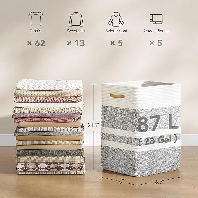 87L Laundry Hamper,Laundry Basket with Leather Handles,Woven Storage Basket for Toys,Pillows,Blankets,Clothes,Grey White