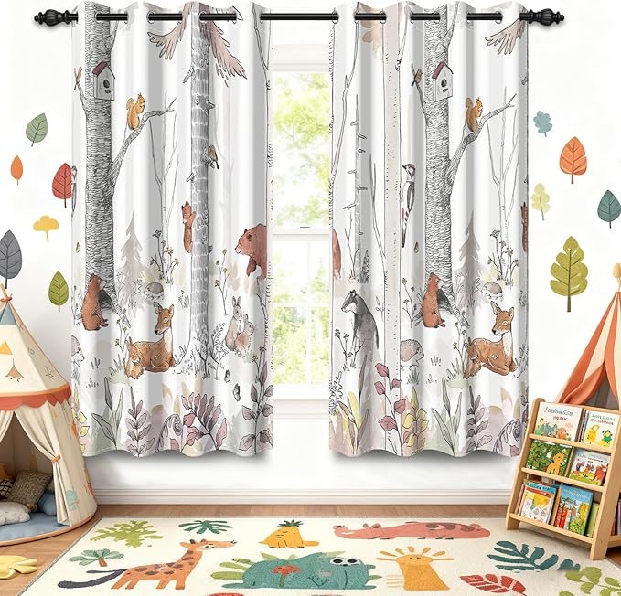 Kids Blackout Curtains for Nursery, Boy's Woodland Animal Print Curtains for Bedroom, Cartoon Room Darkening Window Drapes 2 Panels Set, White, 52W x 63L