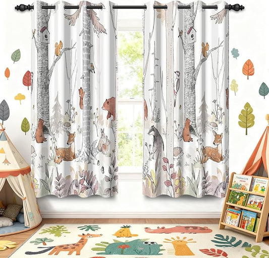 Kids Blackout Curtains for Nursery, Boy's Woodland Animal Print Curtains for Bedroom, Cartoon Room Darkening Window Drapes 2 Panels Set, White, 52W x 63L