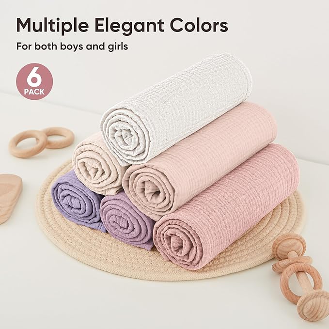 Bearmoss 6 Pack Muslin Burp Cloths and Baby Washcloths, 23.6" X 23.6" 100% Cotton Absorbent Large Baby Burping Cloths for Boy, Girl, Newborn Essentials (Purple)