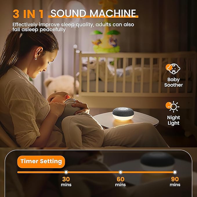YEVIK Portable Sound Machine for Baby, Soothing Sleep Assistant with 39 Sounds & Night Light for Nursery, Travel, Kids & Adults (USB-C Rechargeable, Auto-Off Timer)