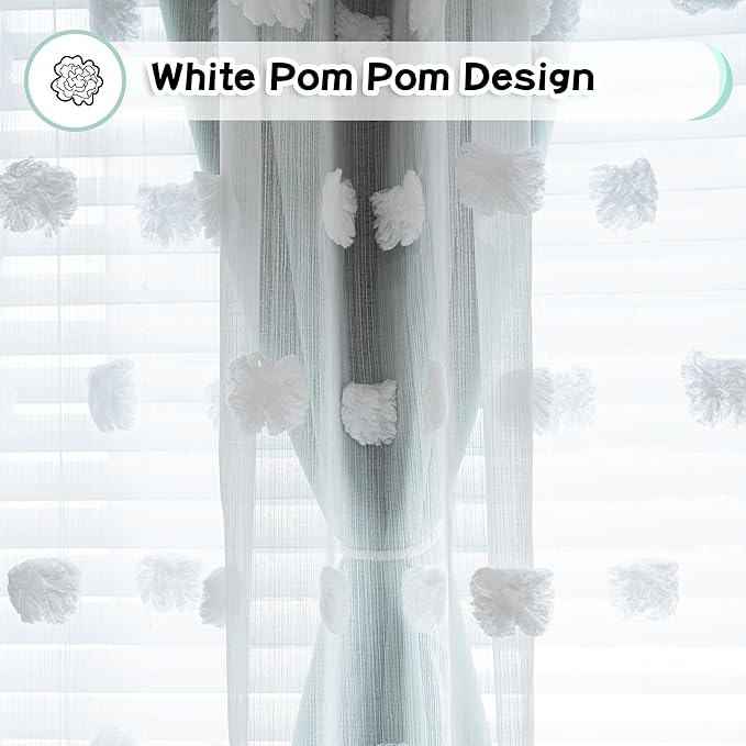 MYSKY HOME Aqua Curtains for Kids Room Nursery Curtains 72 Inches Long for Girls Bedroom Double Layer Curtains White Pom Pom Sheer Curtains for Dining Room Grommet Room Darkening Panels W52 X L72