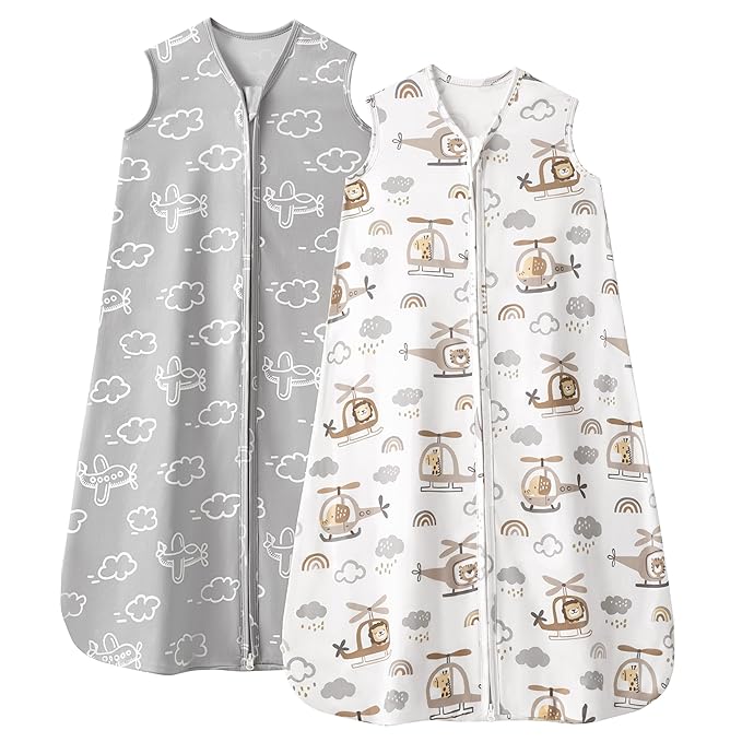 FIEMOL Baby Sleep Sack 6-12 Months, 0.5 TOG Wearable Blanket for Baby Boy and Girl, 2-Way Zipper Newborn and Infant Sleeping Bag 2 Pack, Lightweight Sleep Sacks Grey Helicopter（Medium）