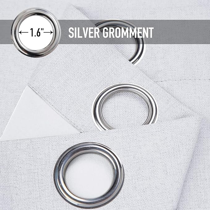 100% Blackout Shield Linen Blackout Curtains for Bedroom, Greyish White Grommet Curtains for Living Room, Thermal Insulated Room Darkening Drapes for Nursery, Boho Home Decor, 50" W x 84" L, 2 Panels