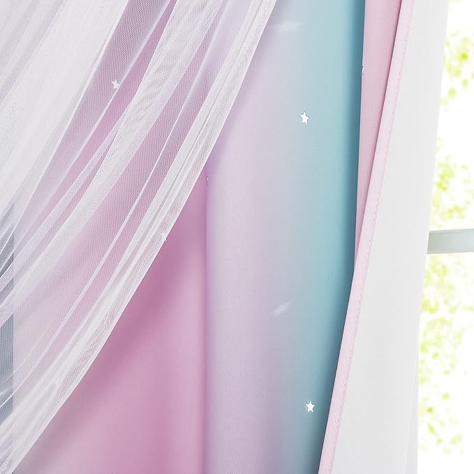 NICETOWN Blackout Curtains with White Sheer Overlay, Star Cut-Out Thermal Insulated Rainbow Curtains for Girls Bedroom, Ombre Window Curtain with Tiebacks, W70 x L63, Blue & Purple & Pink, 1 PC